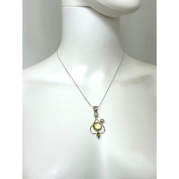 Women’s Pendant Necklace Italy Peridot Pearl S925 Sterling Silver 18” Vintage - Picture 1 of 17